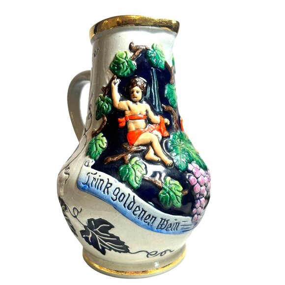 Vtg German Beer Stein Pitcher Gold Trim Embossed Original Thwalt Wein Aus Kuhlen - Picture 1 of 9